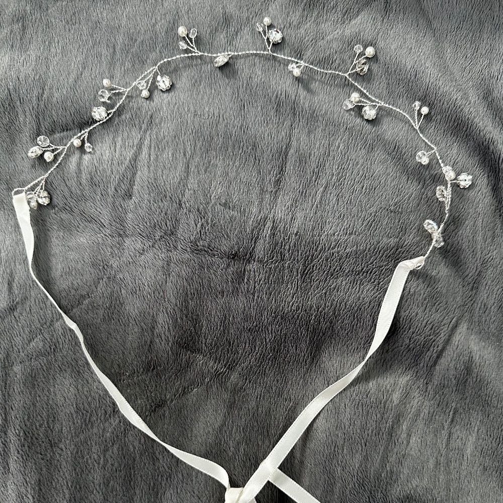 Bridal Headpiece with Crystal and Pearl Detailing and Ivory ribbon